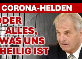 Corona-Helden oder alles, was uns heilig ist, mit einem Mann im Anzug vor einer Gefängnistür, Schlüsselbox, Gefängnis, Pandemie, gesellschaftliche Themen, Protest, Kontrolle.