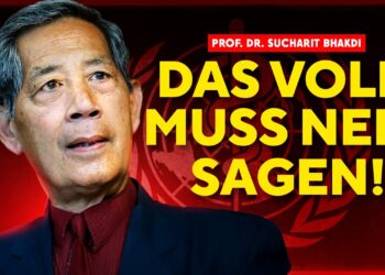 Prof Dr. Sucharit Bhakti auf einem red Hintergrund mit der Überschrift: "Das Volk muss nein sagen!" Fokus auf kontroverse politische Aussage.