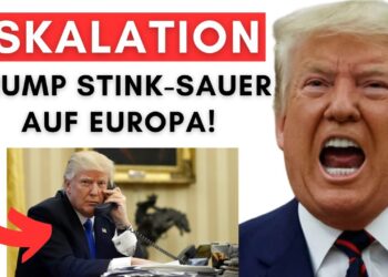 Schockierendes Bild von Donald Trump mit aggressivem Ausdruck, überlagert von warnender Überschrift zur Eskalation der politischen Situation in Europa.