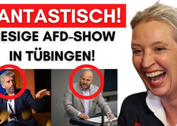 Riesige AFD-Show in Tübingen mit lachendem Publikum und Politikern, großes Event, politische Unterhaltung, Deutschland, politische Diskussionen, Tübingen, europäische Politik, Wahlkampf, öffentliche Veranstaltung.