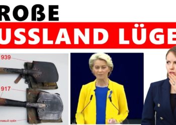 Schaufeln mit historischen Jahreszahlen, Politikerdarstellung und skeptische junge Frau, die russische Propaganda in Frage stellt.