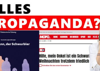 Propagandabild. Frauen, die skeptisch auf verschiedene Nachrichtenquellen schauen, symbolisieren Medienkritik und Desinformation.