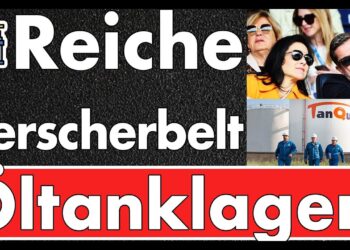 Tanklager mit Protestschildern und Menschen in Sonnenbrillen, deutliche Warnung vor Öl-Lagerbetrug und Veruntreuung durch Reiche.