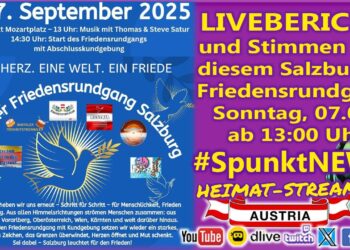 Friedensrundgang Salzburg, 07.09.2025, Fußgänger zum Thema Frieden, mit Symbolen der Europäischen Union und Österreich; friedliche Demonstration für Menschlichkeit und Hoffnung.