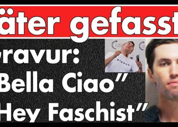 Täter gefasst - Graffiti mit dem Text "Bella Ciao" und "Hey Faschist" auf einer schwarzen Oberfläche mit Fotos eines Mannes und eines Angriffs.