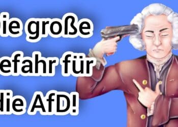 Schusswaffe gegen ein Porträt von Friedrich den Großen, symbolisch für politische Gefahren, Darstellung in humorvoller, satirischer Weise.