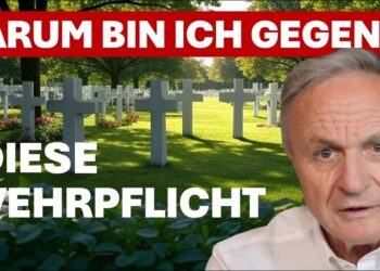 Tiefsinnige Analyse über die Wichtigkeit der Wehrpflicht in Deutschland mit einem Hintergrundbild von einem Friedhof und einem männlichen Redner.