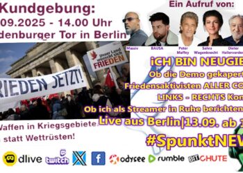 Bilder von einer Berliner Friedensdemonstration mit Bannern und Teilnehmern, die für Waffenruhet und Frieden ohne Krieg protestieren.