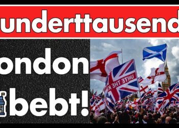 Hunderte von Menschen bei einer Demonstration in London, viele Flaggen Großbritanniens, Stimmung für den Brexit.