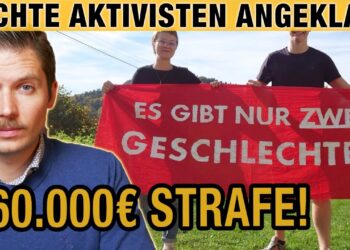 Rechte Aktivisten bei D-Talk, kritisieren druckvoll die Strafen für Geschlechterungleichheit, with die Botschaft "Es gibt nur zwei Geschlechter" auf einem roten Banner.